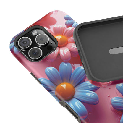 Pastel Daisy 3D MagSafe iPhone Case – Glossy Pink and Blue Floral Design, Full Protection