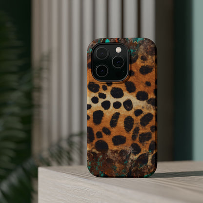 Rustic Leopard Print Tough MagSafe iPhone Case – Distressed Turquoise and Animal Pattern with Dual-Layer Protection