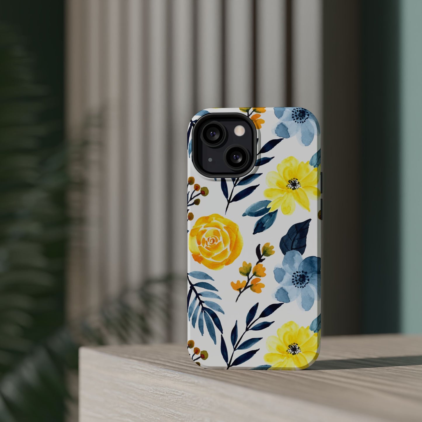 Golden Yellow & Sky Blue Floral – Watercolor Botanical MagSafe iPhone Case