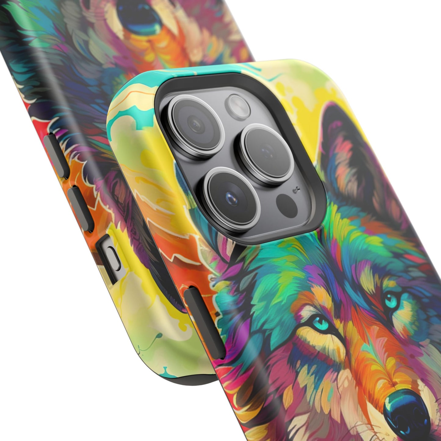 Rainbow Wolf in Bloom – MagSafe iPhone Case with Nature-Inspired Design