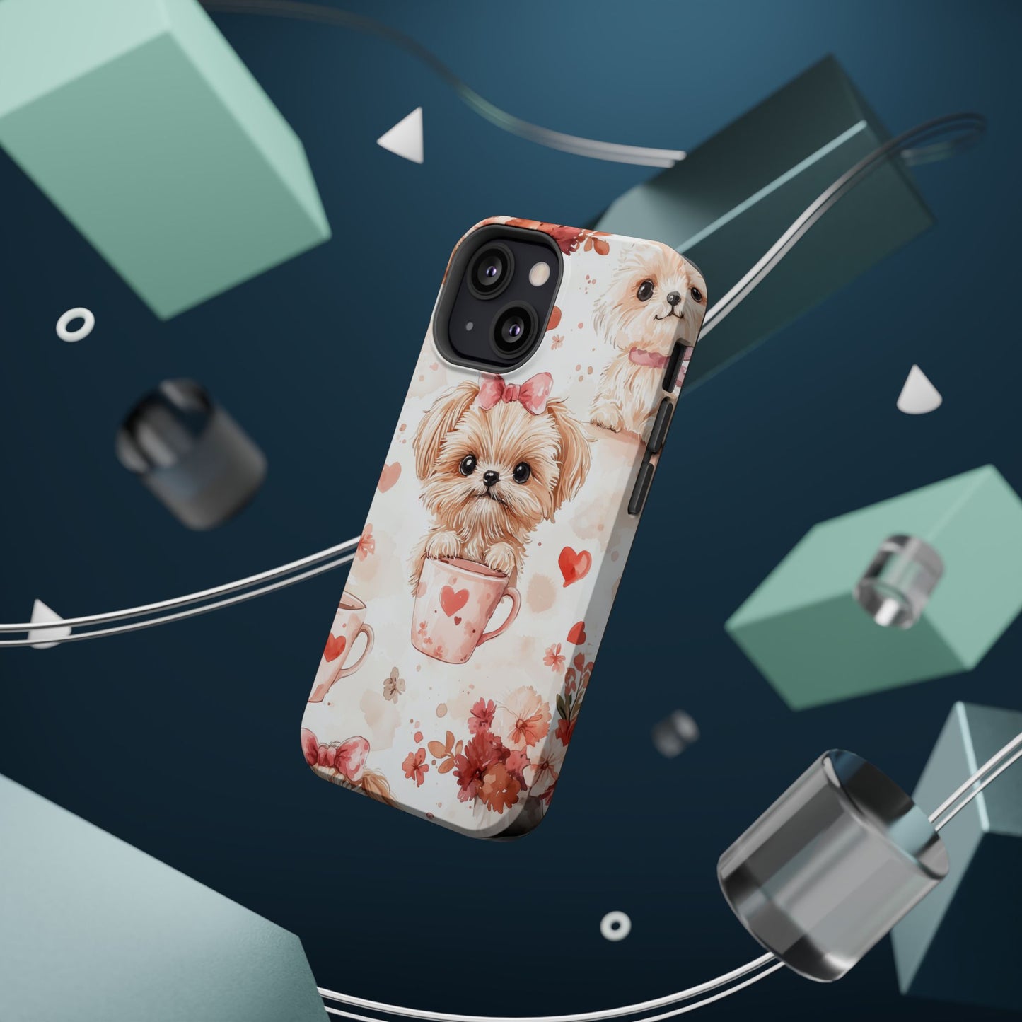 Puppies & Heart Mugs MagSafe iPhone Case – Sweet Dog & Floral Design, Shockproof & Slim