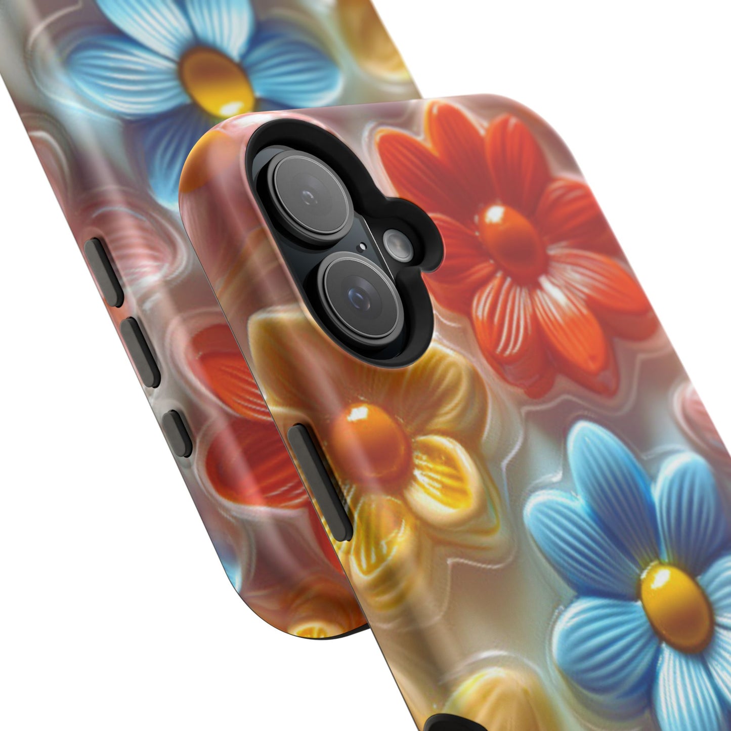 Glossy Retro Flower MagSafe iPhone Case – Colorful 3D Floral Design, Durable Protection