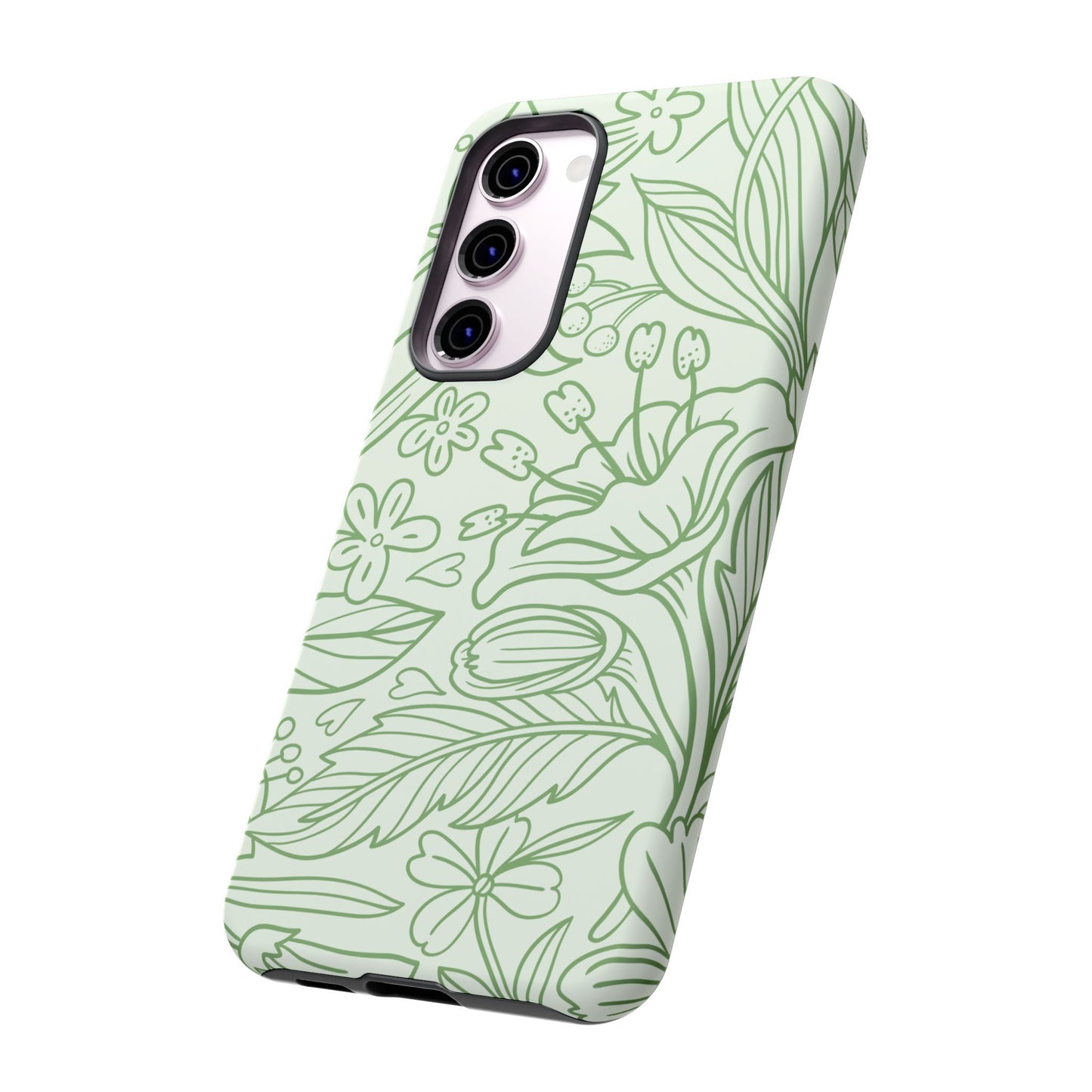 Sage Green Floral Line Art Tough Samsung Galaxy Case – Minimalist Botanical Design with Dual-Layer Protection