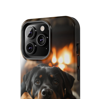 Cozy Rottweiler by the Fireplace iPhone Case – Warm Rustic Design