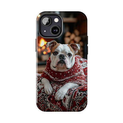 Cozy Bulldog in Sweater iPhone Case – Festive Fireplace Protective Cover