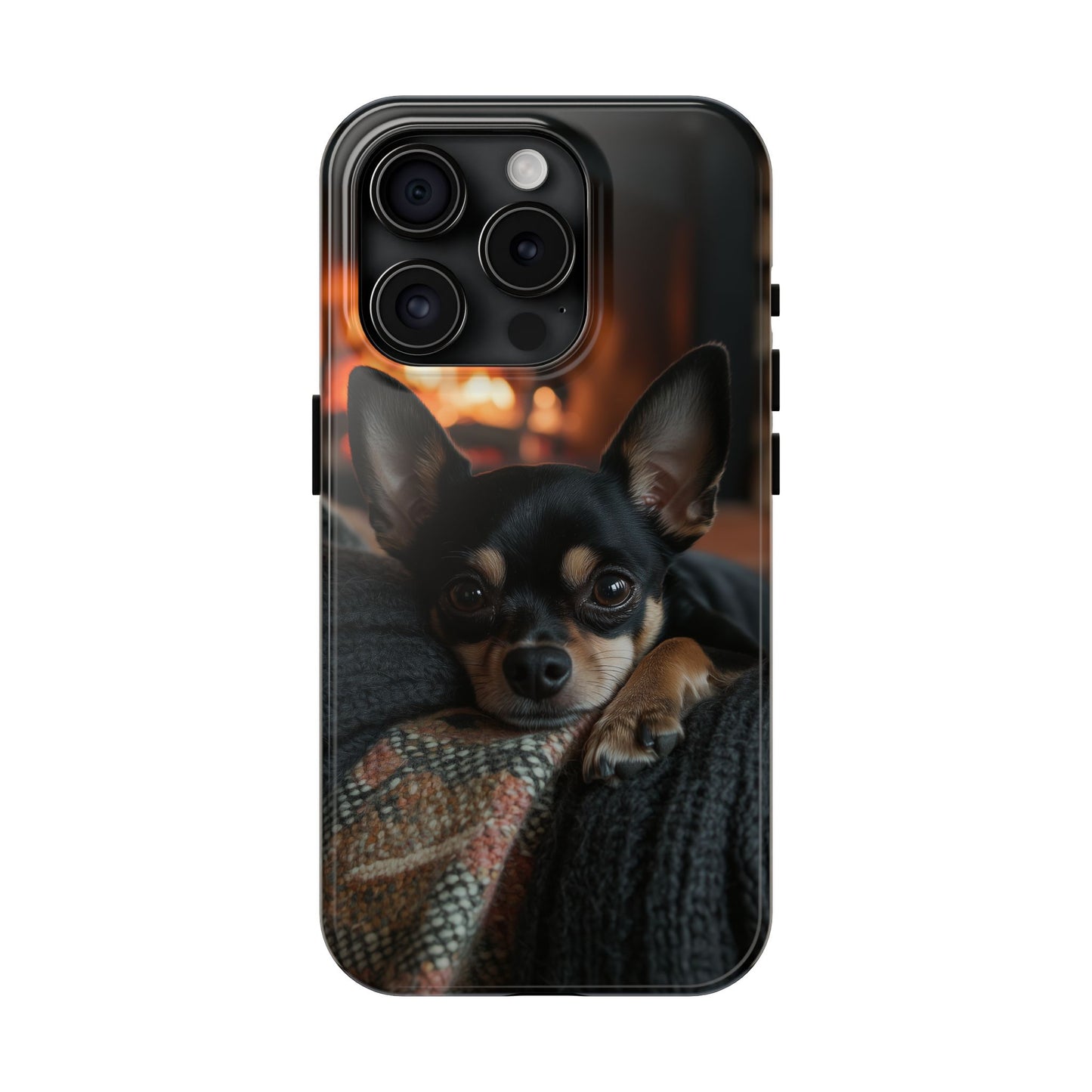 Cozy Chihuahua Fireplace iPhone Case – Warm and Stylish Design