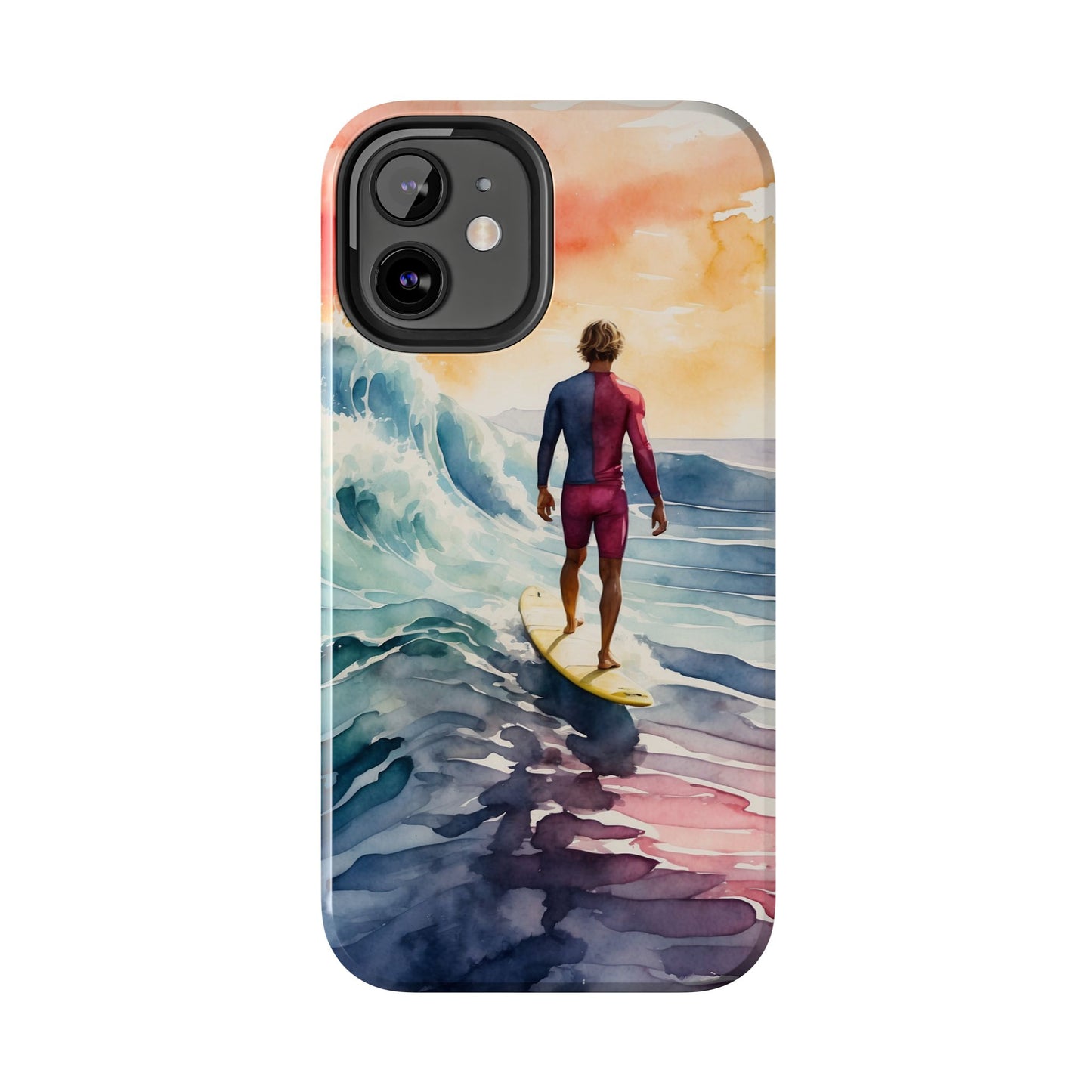 Surfer’s Sunset Wave iPhone Case – Vibrant Watercolor Design