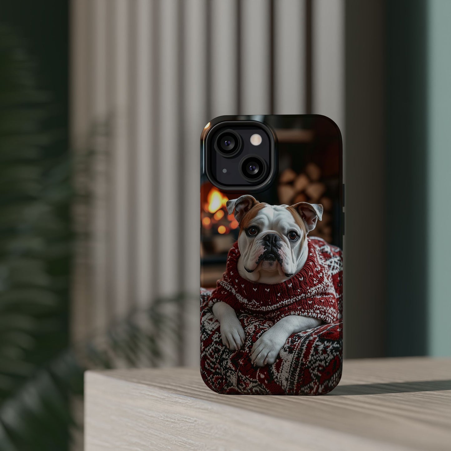 Cozy Bulldog in Sweater MagSafe iPhone Case – Festive Fireplace Protective Cover