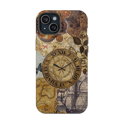 Steampunk Vintage Adventure MagSafe iPhone Case – Dual-Layer Protection with Antique Map and Clock Design