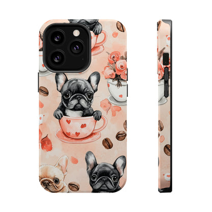 French Bulldogs in Heart Teacups MagSafe iPhone Case – Cute Dog & Floral Design, Shockproof Protection