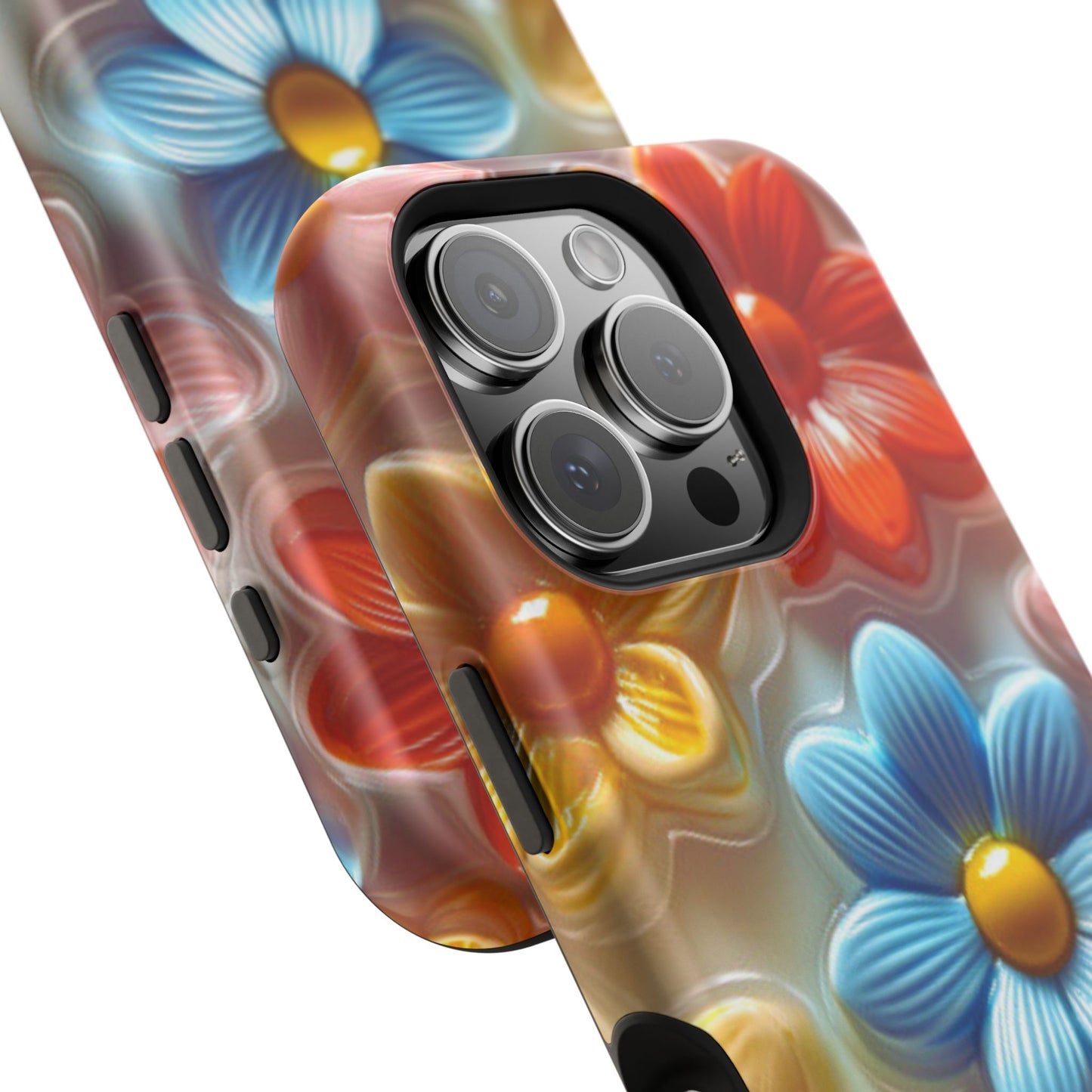 Glossy Retro Flower MagSafe iPhone Case – Colorful 3D Floral Design, Durable Protection