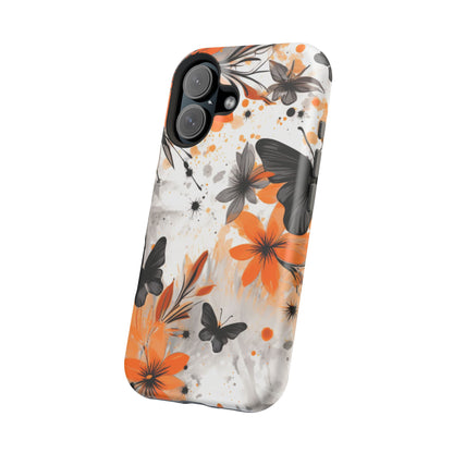 Orange Blossom & Black Butterfly MagSafe iPhone Case – Bold Floral Pattern with Modern Abstract Style