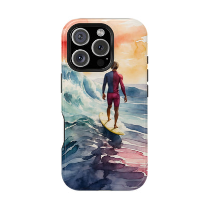 Surfer’s Sunset Wave MagSafe iPhone Case – Vibrant Watercolor Design