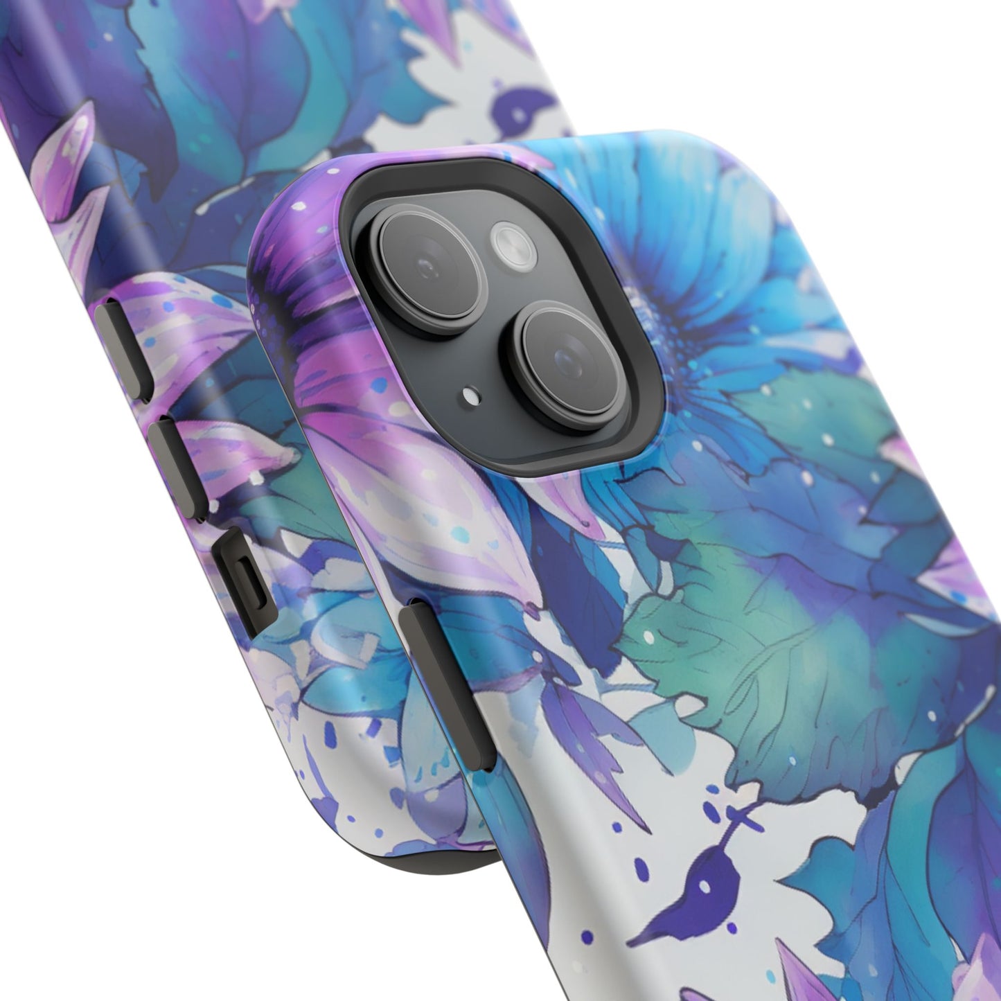 Purple & Teal Watercolor Floral MagSafe iPhone Case - Artistic Flower Design