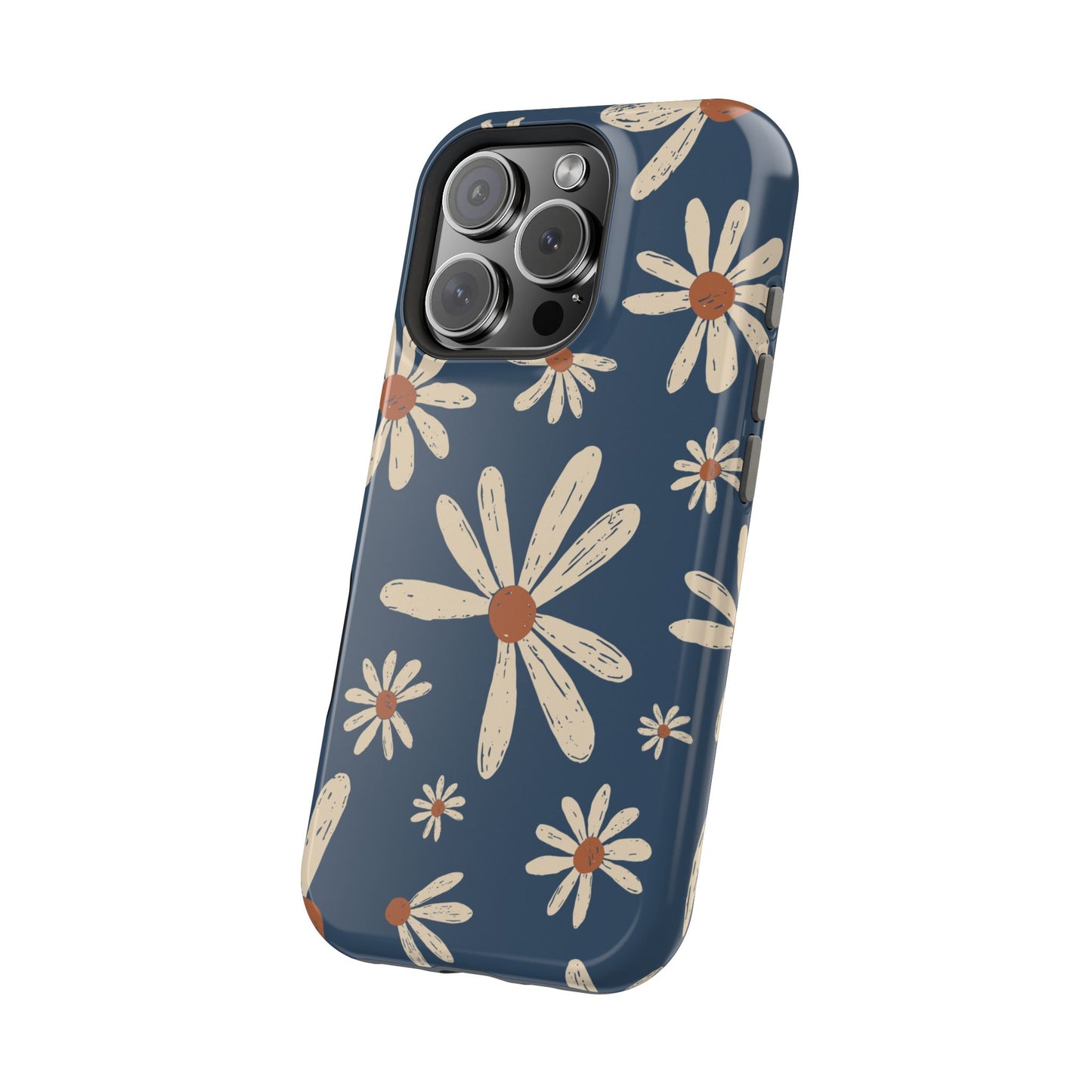 Vintage Daisies MagSafe iPhone Case – Navy Blue Floral Design, Scratch-Resistant with Shock-Absorbing Bumper