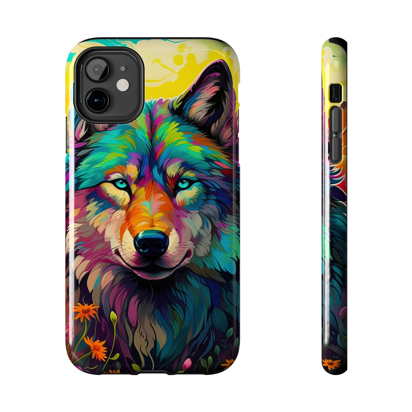 Rainbow Wolf in Bloom – iPhone Case with Vivid Nature Design