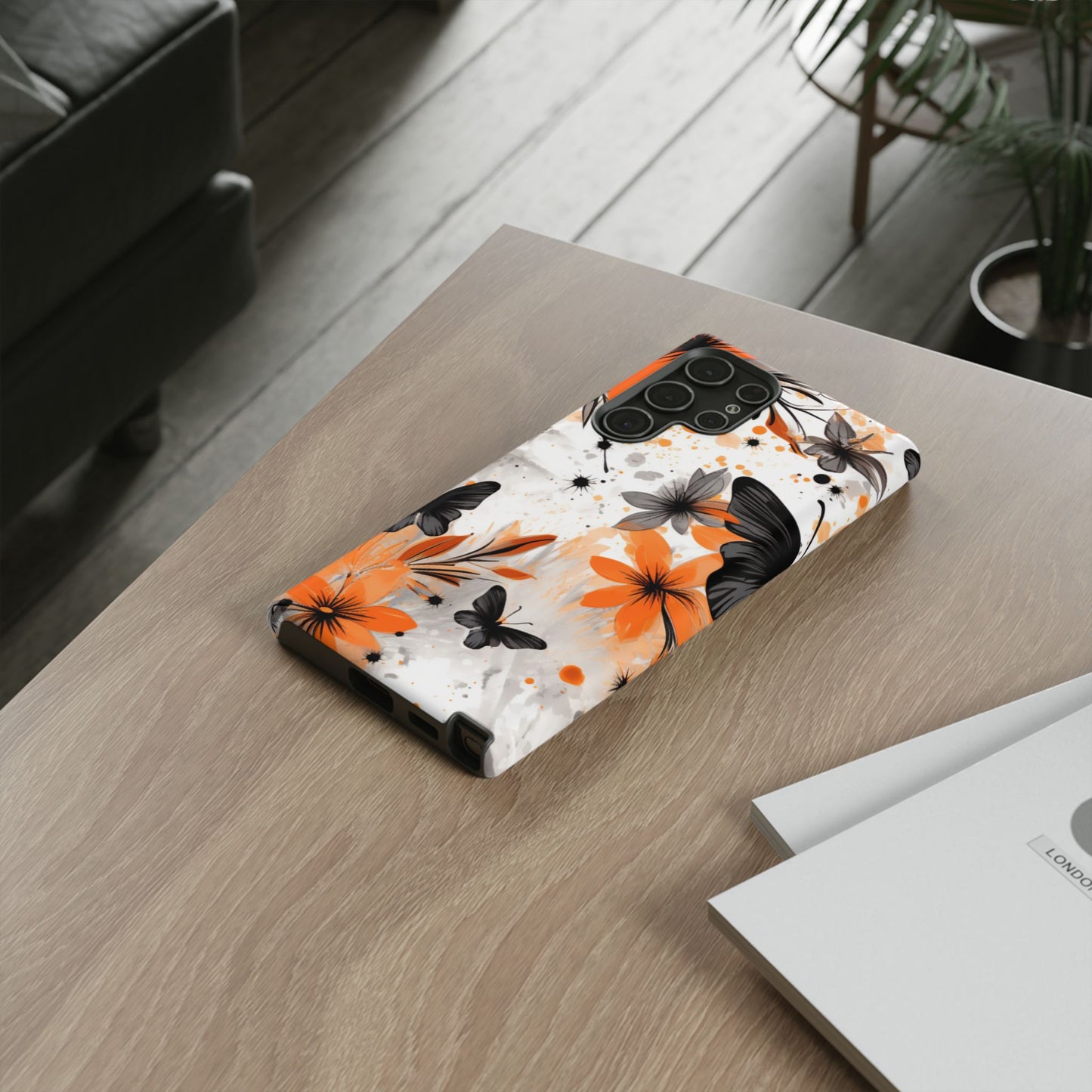 Orange Blossom & Black Butterfly Samsung Galaxy Case – Bold Floral Pattern with Modern Abstract Style