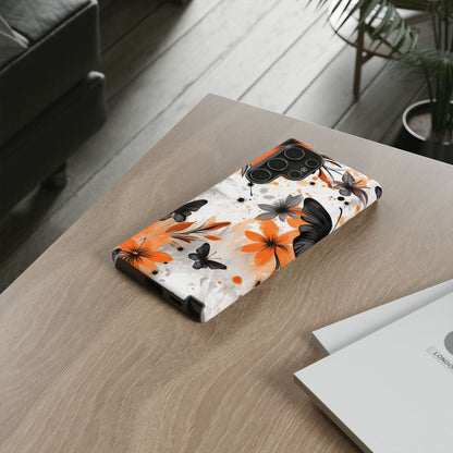 Orange Blossom & Black Butterfly Samsung Galaxy Case – Bold Floral Pattern with Modern Abstract Style