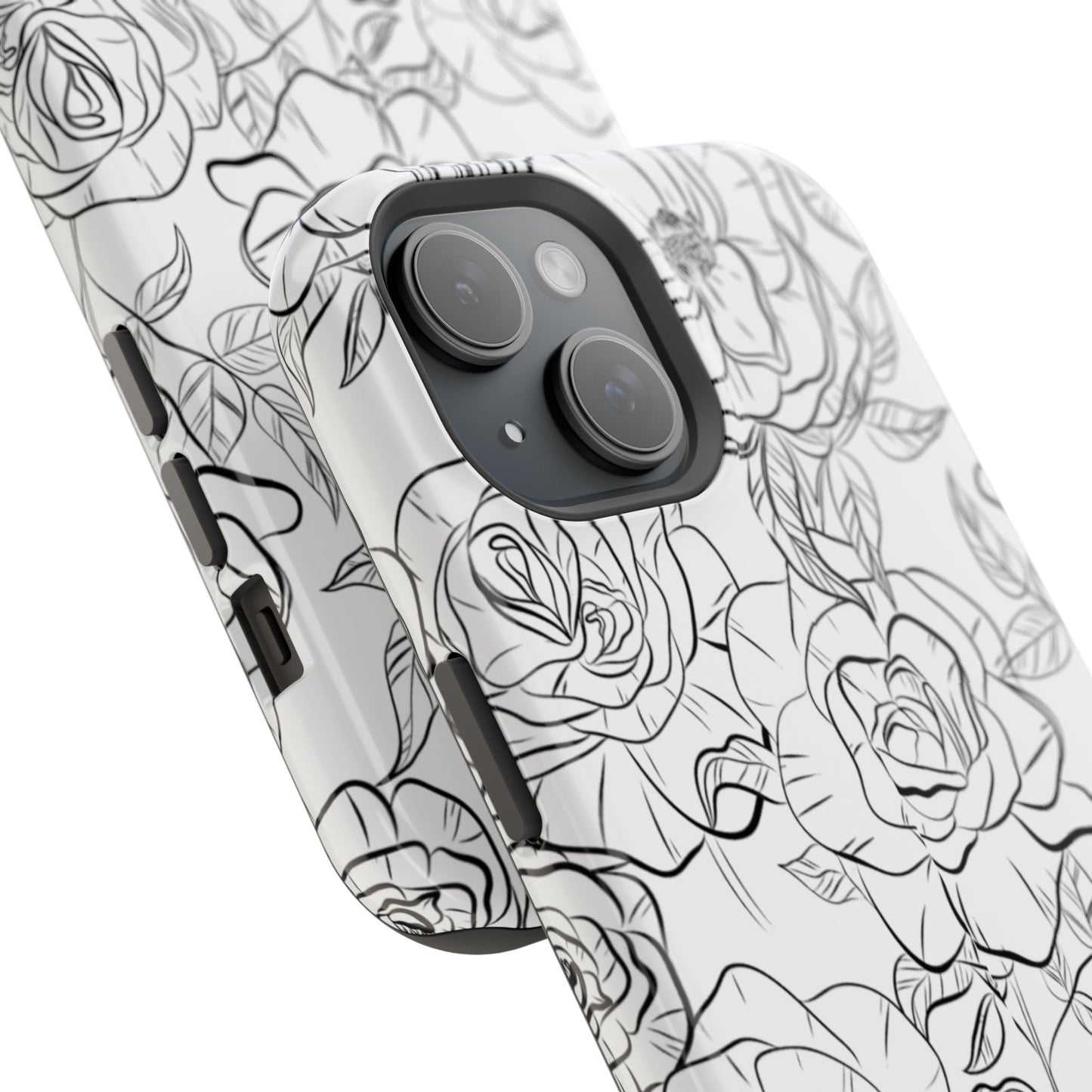 Monochrome Rose Garden Tough MagSafe iPhone Case – Elegant Floral Line Art with Dual-Layer Protection