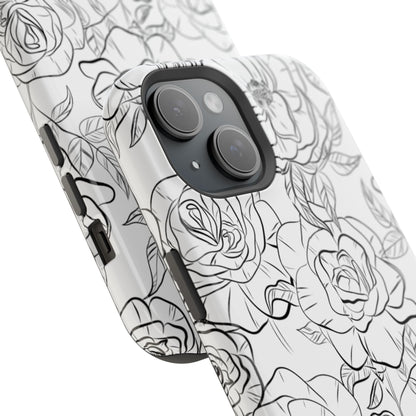 Monochrome Rose Garden Tough MagSafe iPhone Case – Elegant Floral Line Art with Dual-Layer Protection