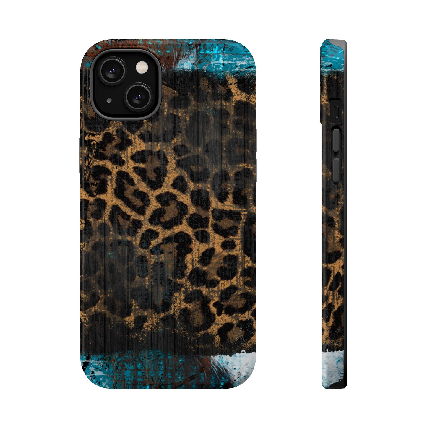 Boho Leopard and Turquoise Tough MagSafe iPhone Case – Rustic Western Design with Dual-Layer Protection