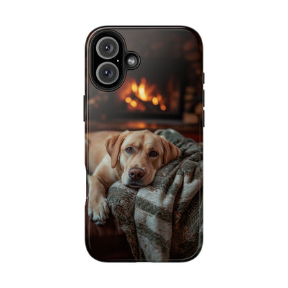 Cozy Labrador by Fireplace iPhone Case – Rustic Cabin Protective Cover