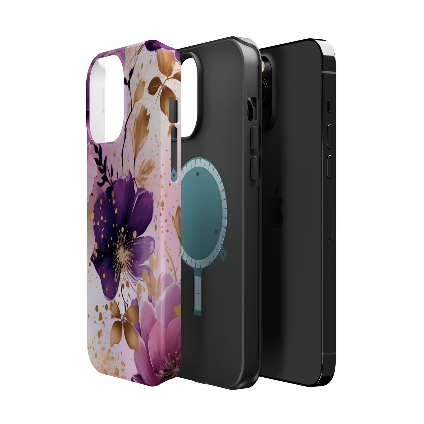 Elegant Purple & Gold Floral MagSafe iPhone Case - Luxe Flower Design