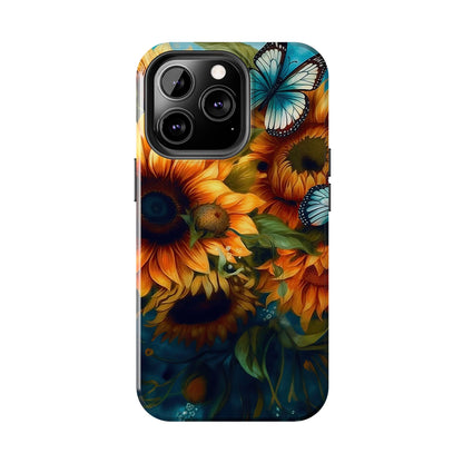 Aqua Blue Butterfly & Sunflower Art – iPhone Case