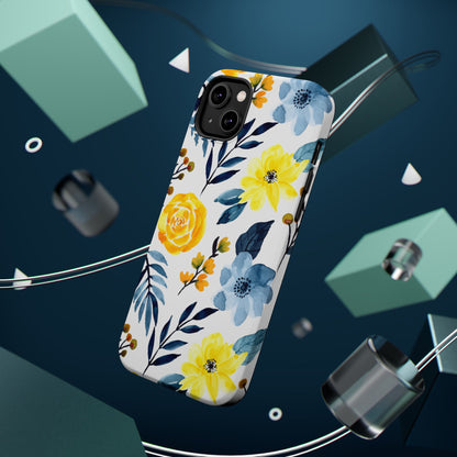 Golden Yellow & Sky Blue Floral – Watercolor Botanical MagSafe iPhone Case