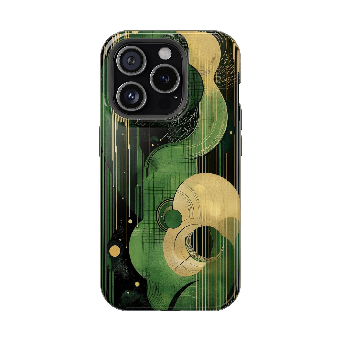 Abstract Green & Gold MagSafe iPhone Case - Geometric Art Deco Protective Cover