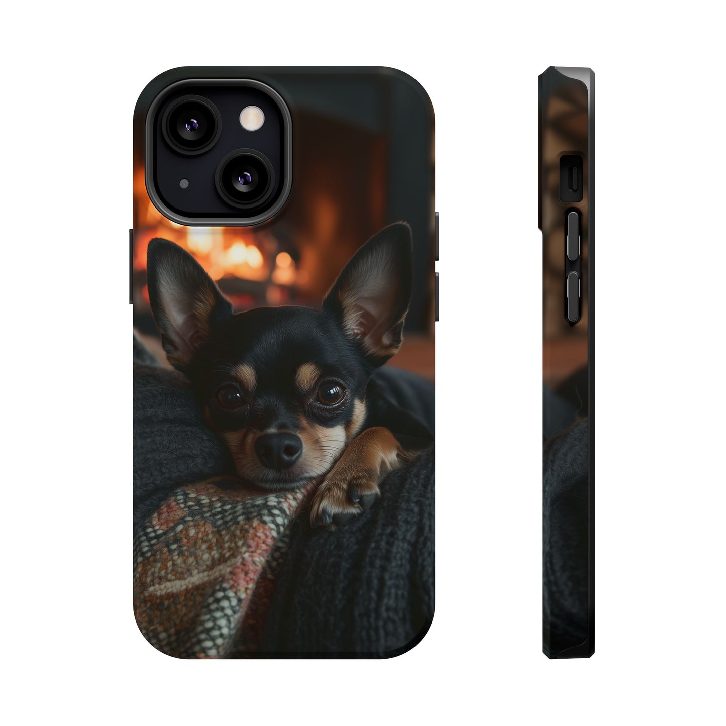 Cozy Chihuahua Fireplace MagSafe iPhone Case – Elegant and Functional Design