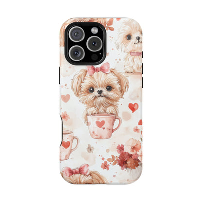 Puppies & Heart Mugs MagSafe iPhone Case – Sweet Dog & Floral Design, Shockproof & Slim