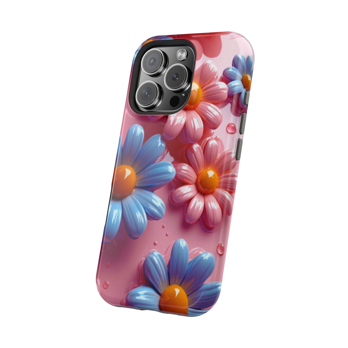 Pastel Daisy 3D MagSafe iPhone Case – Glossy Pink and Blue Floral Design, Full Protection