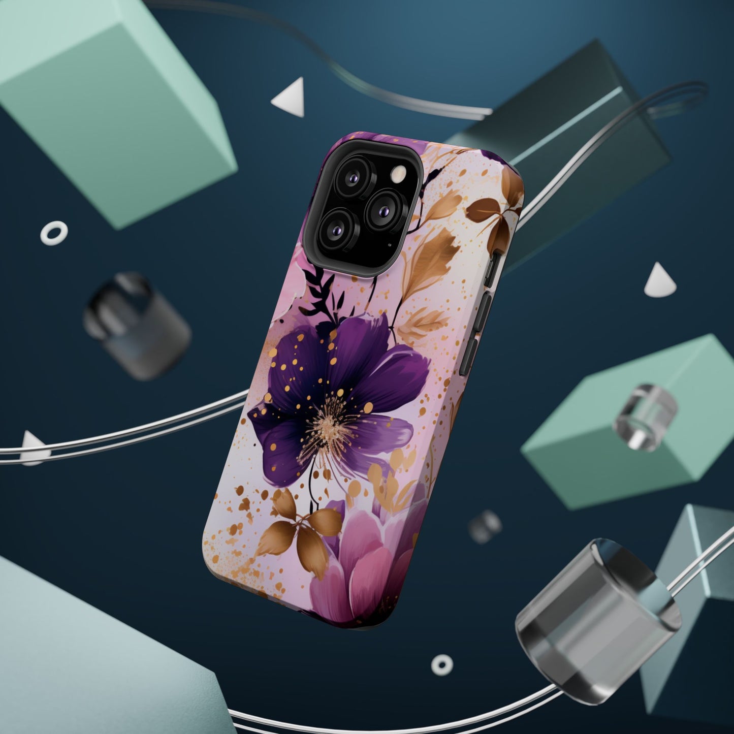 Elegant Purple & Gold Floral MagSafe iPhone Case - Luxe Flower Design