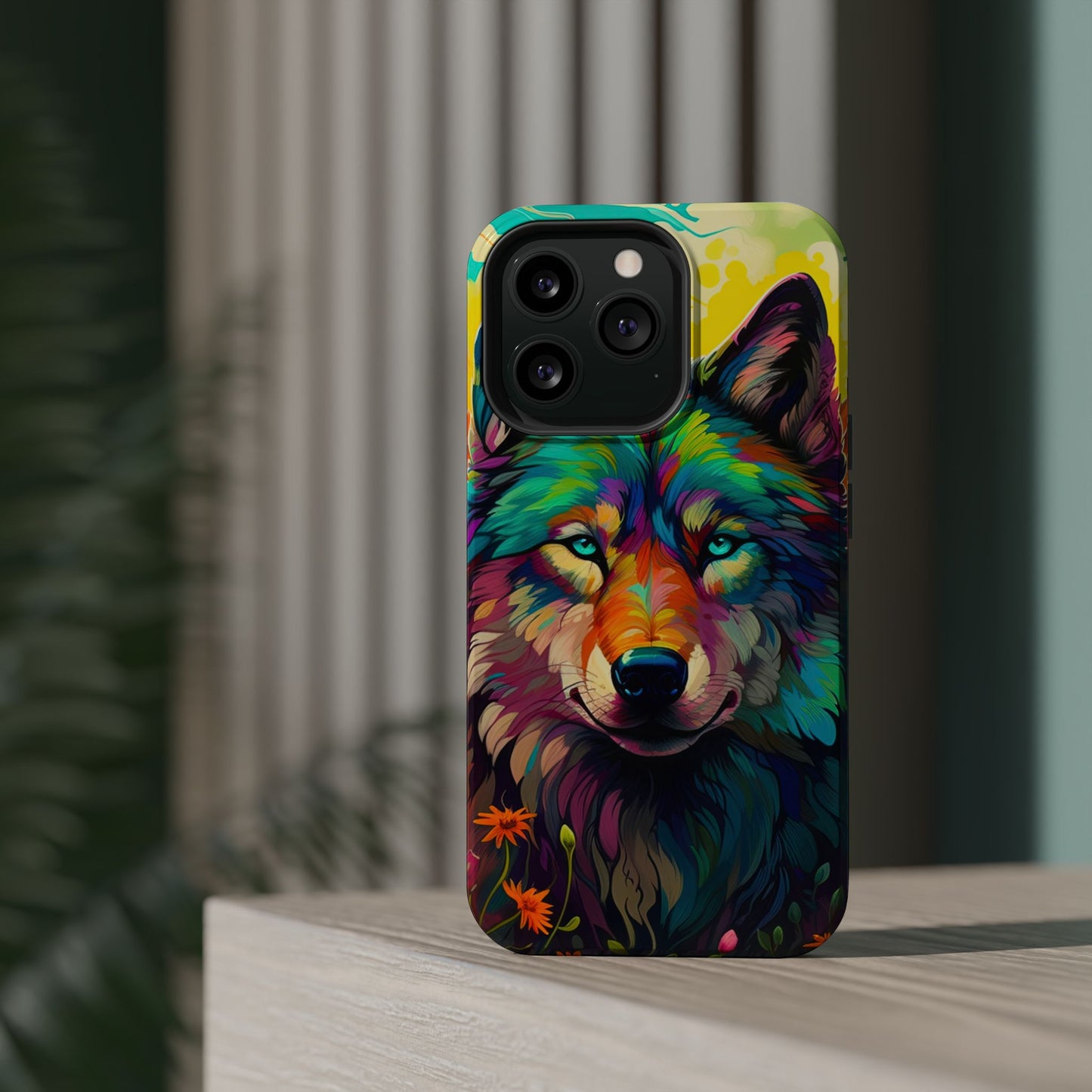 Rainbow Wolf in Bloom – MagSafe iPhone Case with Nature-Inspired Design