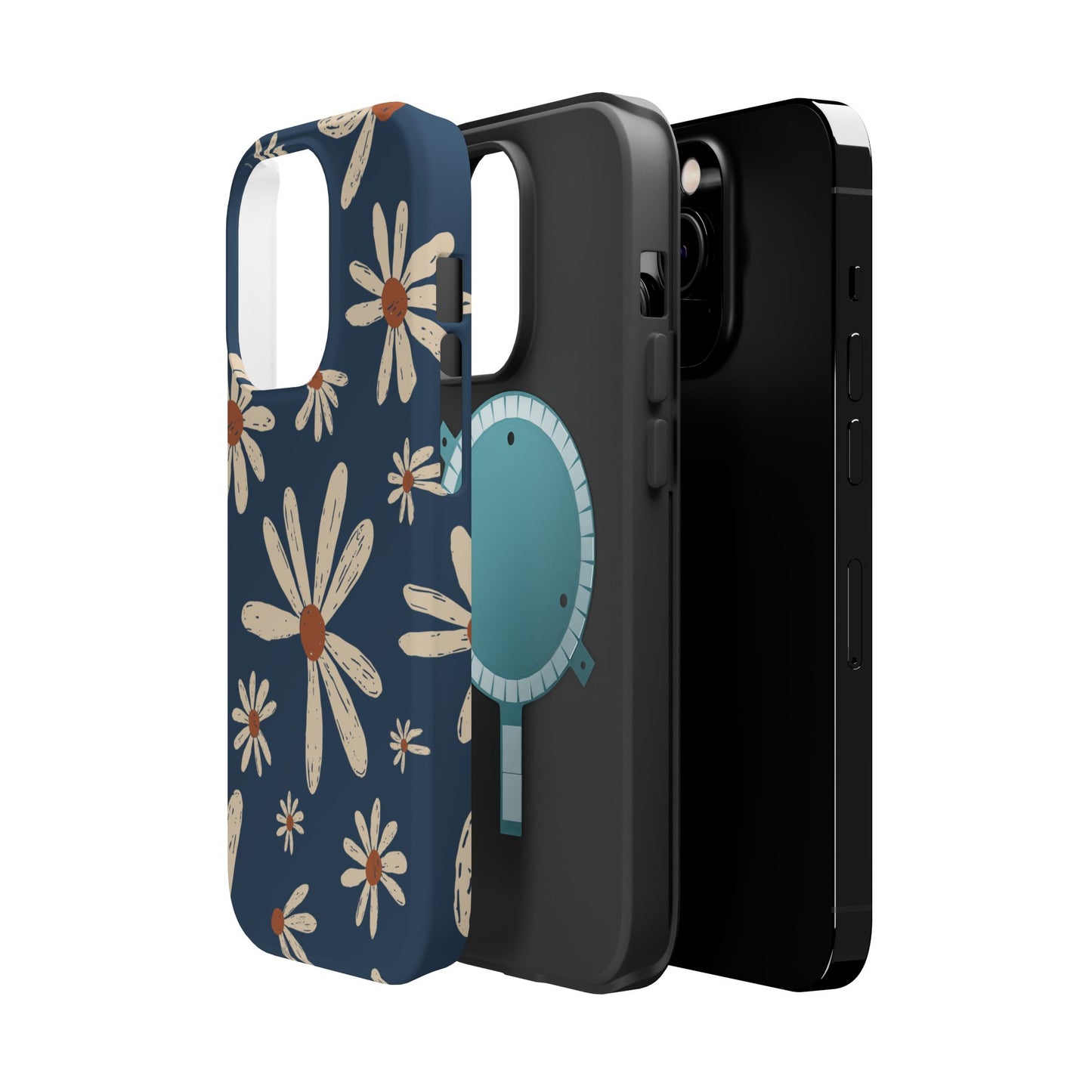 Vintage Daisies MagSafe iPhone Case – Navy Blue Floral Design, Scratch-Resistant with Shock-Absorbing Bumper