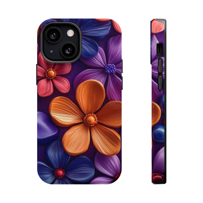 Bold Floral 3D MagSafe iPhone Case – Vivid Purple and Orange Flower Design, Shock-Resistant