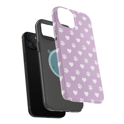 Purple Hearts & Paw Prints - Cute Pet Lover MagSafe iPhone Case