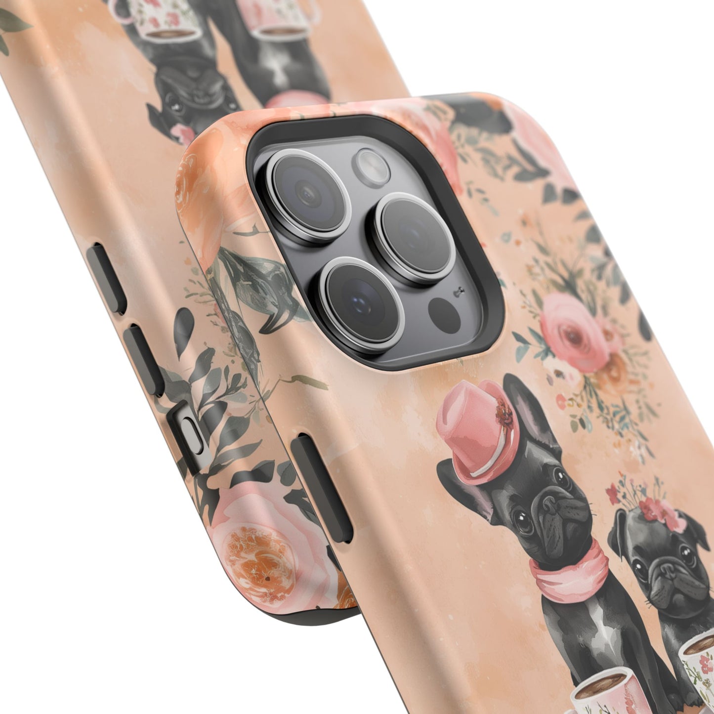 Floral French Bulldogs MagSafe iPhone Case – Elegant Dog Design with Tea Cups & Roses, Shockproof Protection