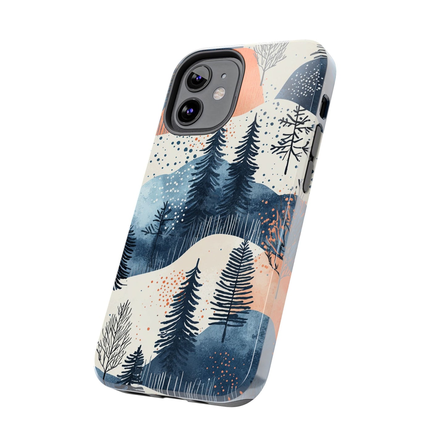 Serene Winter Forest iPhone Case – Tough Protective Cover with Watercolor Pine Tree Covered Mountains - BOGO Cases