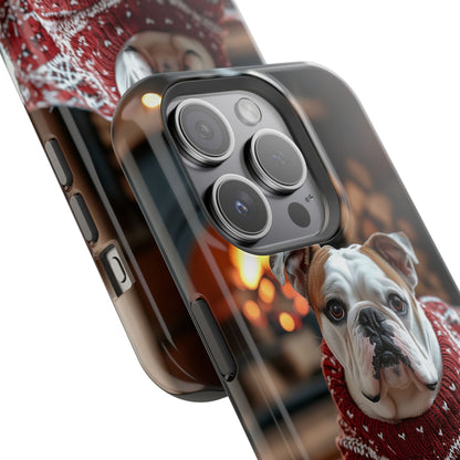 Cozy Bulldog in Sweater MagSafe iPhone Case – Festive Fireplace Protective Cover