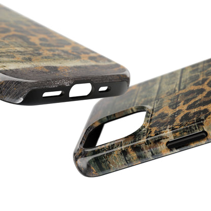 Rustic Wood and Leopard Print Tough iPhone Case – Distressed Western Design with Dual-Layer Protection