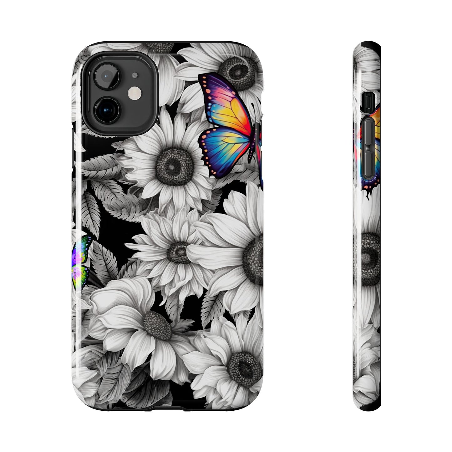 Rainbow Butterflies & Monochrome Sunflowers – iPhone Case