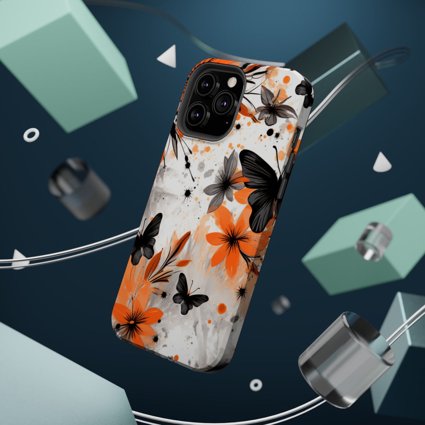 Orange Blossom & Black Butterfly MagSafe iPhone Case – Bold Floral Pattern with Modern Abstract Style