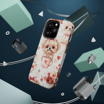 Puppies & Heart Mugs MagSafe iPhone Case – Sweet Dog & Floral Design, Shockproof & Slim