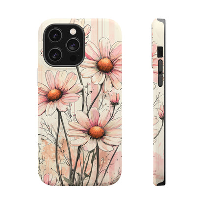 Pastel Pink Daisy MagSafe iPhone Case - Elegant Floral Plaid Protective Cover