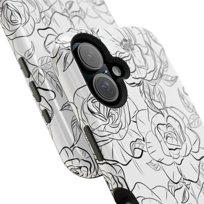 Monochrome Rose Garden Tough MagSafe iPhone Case – Elegant Floral Line Art with Dual-Layer Protection