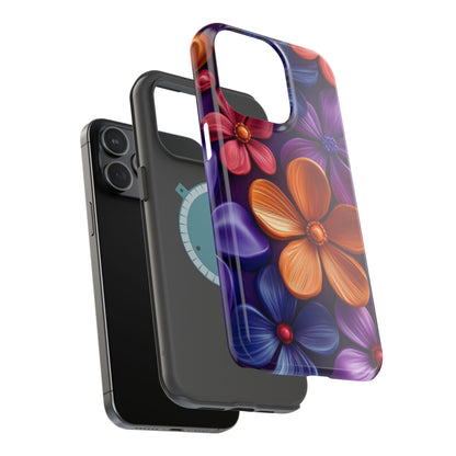 Bold Floral 3D MagSafe iPhone Case – Vivid Purple and Orange Flower Design, Shock-Resistant