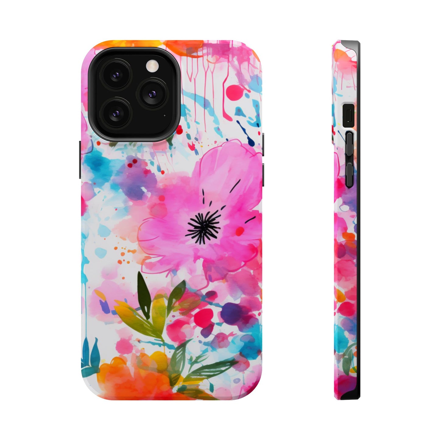 Color Splash Pink & Orange Watercolor Floral - MagSafe iPhone Case