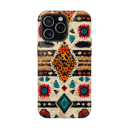 Wild Boho Leopard Print & Floral Tough MagSafe iPhone Case – Eclectic Tribal Design, Dual-Layer Protection